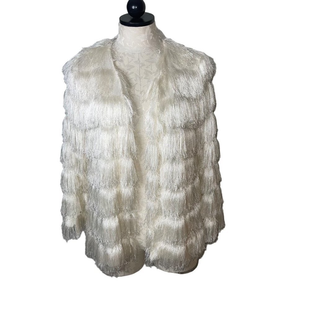 Audrey 3 + 1 Women Jacket Size Small  Ivory White Open Front Fringe Long Sleeves